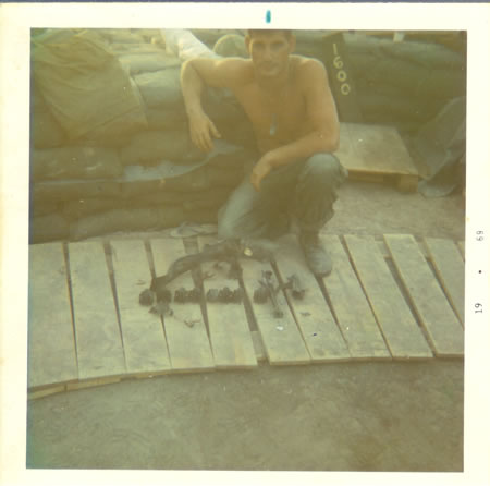 Gela_May_12,_1969_-_Tail_fins_of_mortars_&_shrapmetal__that_landed_in_our_parapit._fs